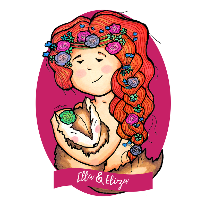 Illustration of a young girl with red hair braided with flowers holding a brown fox with a banner that reads Ella and Eliza