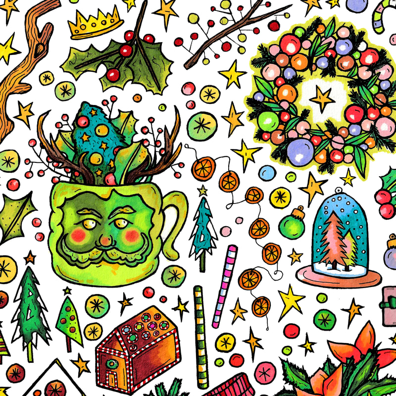 Yule Pattern featuring The Green Man mug filled with Christmas foliage, trees, a holiday wreath, stars, and holly