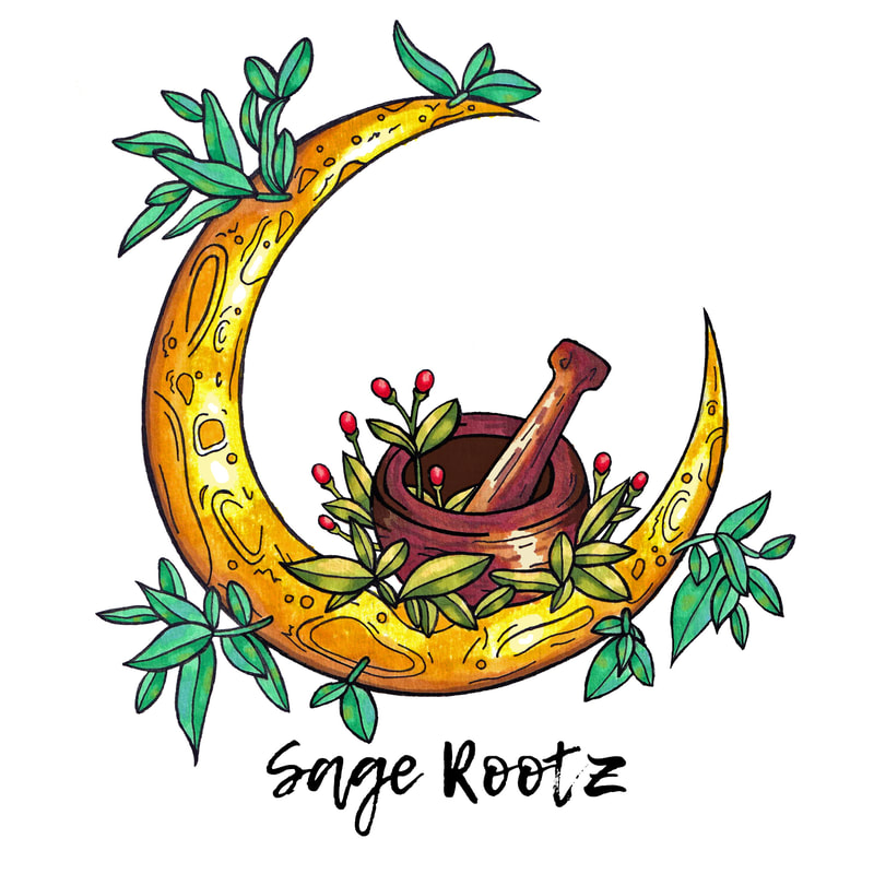 Logo Design featuring a gold crescent moon with sage leaves and a mortar and pestle   