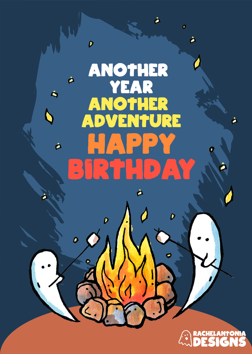 Image of a card with two ghosts around a campfire that says another year another adventure happy birthday