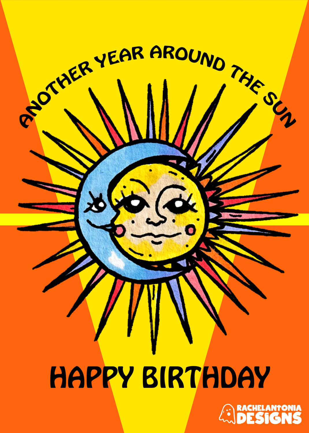 Image of a yellow card with a bright sun and the words Another Year Around the Sun Happy Birthday on it