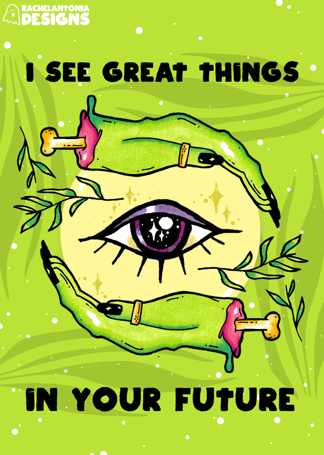 Card Design of an eye in the middle of two green zombie hands
