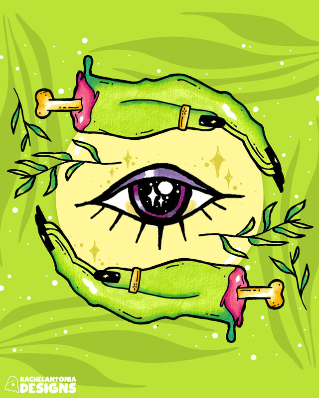 Illustration of two zombie hands holding a yellow crystal ball with an eye inside