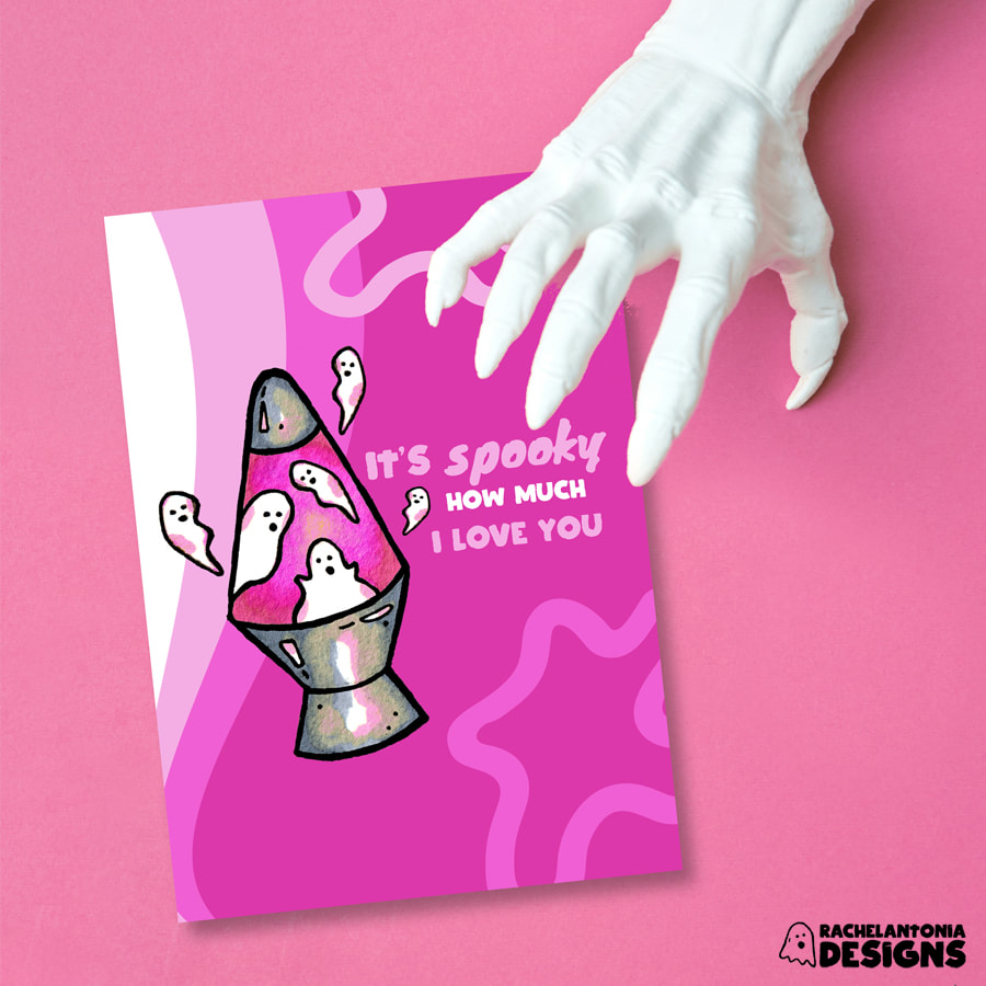 Image of a card thats pink and white and says It's spooky how much I love you with lava lamps on it