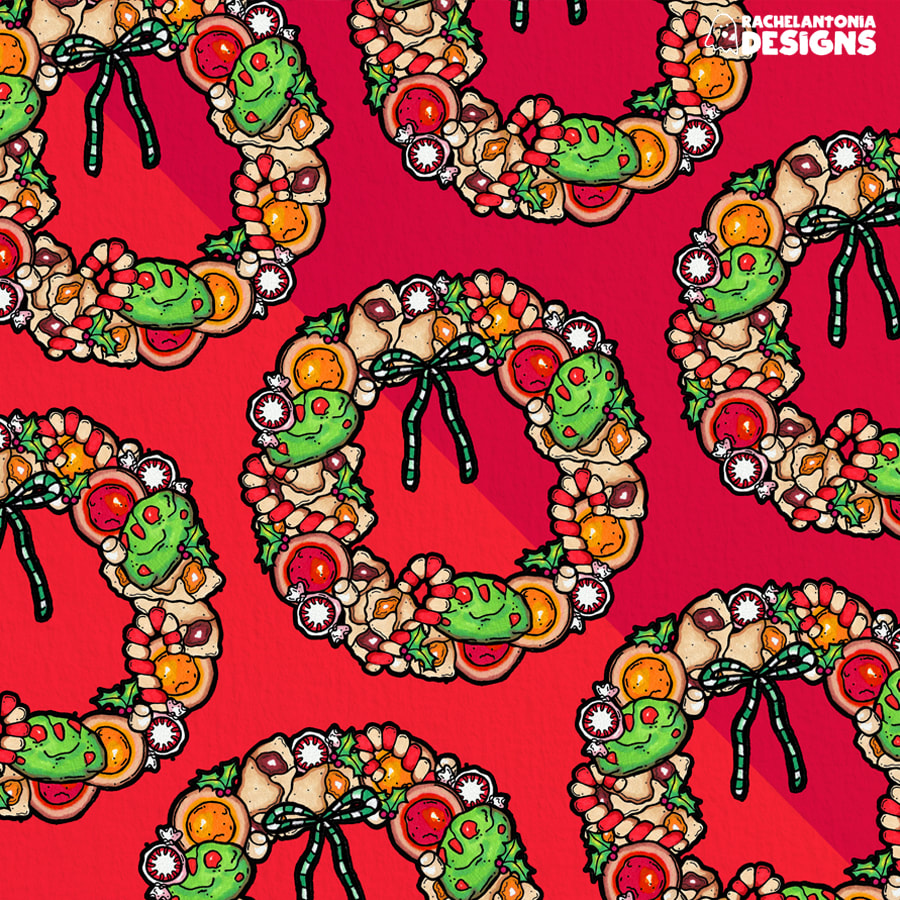 illustration of cookie wreaths in a repeating pattern
