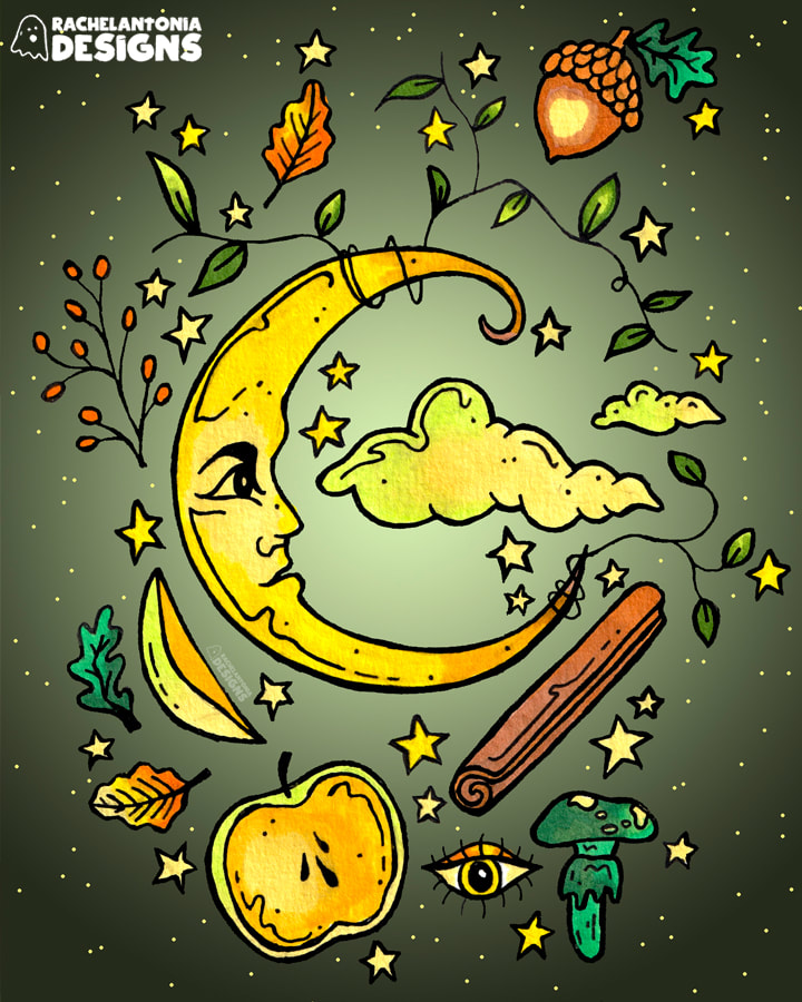 illustration of moon, apples and cinnamon