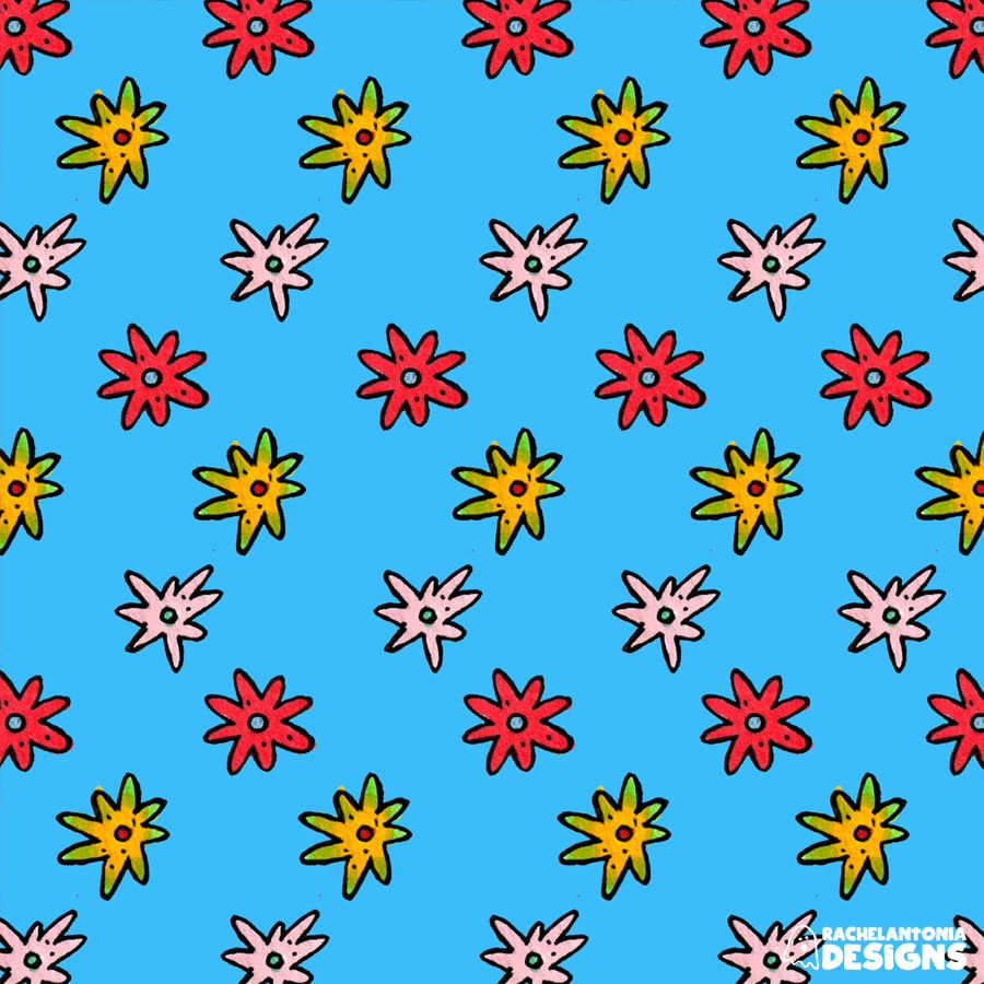Pattern of small daisies in different colors repeating on a blue background