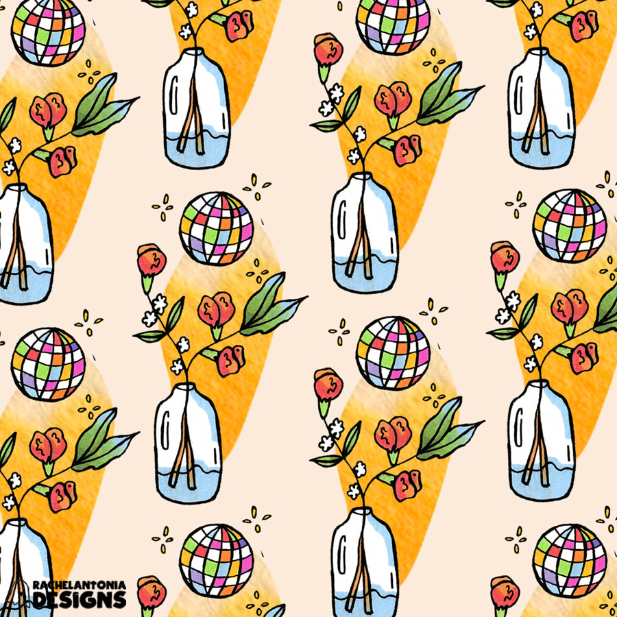 repeating pattern of a flower in a vase and disco balls 