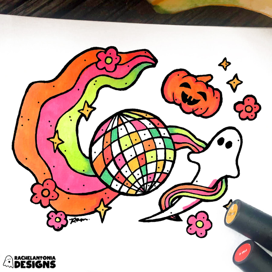 Illustration of a disco ball with colors wrapped around a ghost and smiling pumpkin