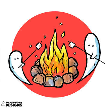 illustration of two ghosts roasting marshmallows by a campfire