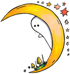Graphic of a ghost hiding behind a god crescent moon