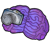 Graphic of purple illustrated brain holding a grey camera