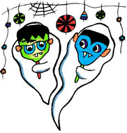 Graphic of two ghosts with monster masks under a spiderweb banner with a blue circle background