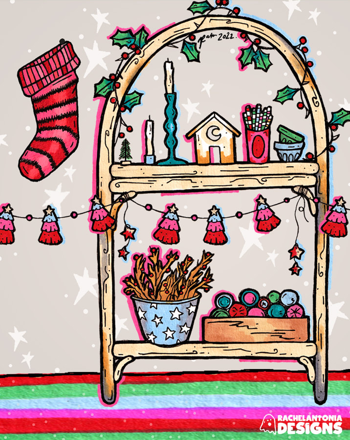 Illustration of a wood arched shelf with various holiday candles, dishes, and knicknacks on it. Across the shelf runs a pink tree banner and the background is grey with stars