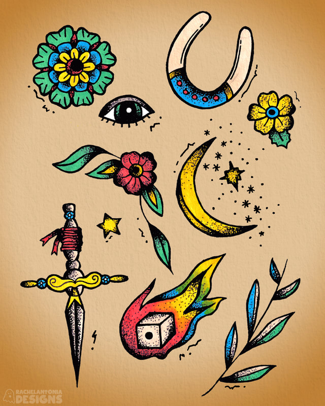 Traditional Tattoo Style Artwork featuring horseshoes, daggers, moons, and flowers
