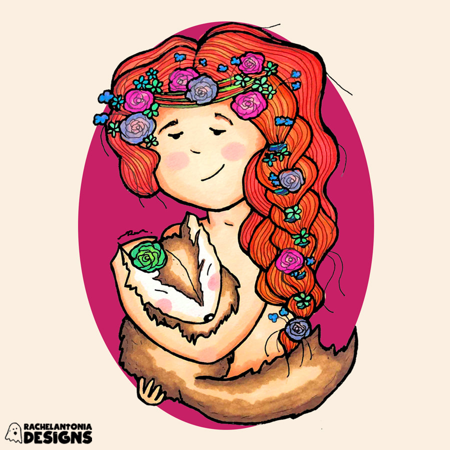 illustration of a girl with red hair braided with flowers in it holding a small brown fox