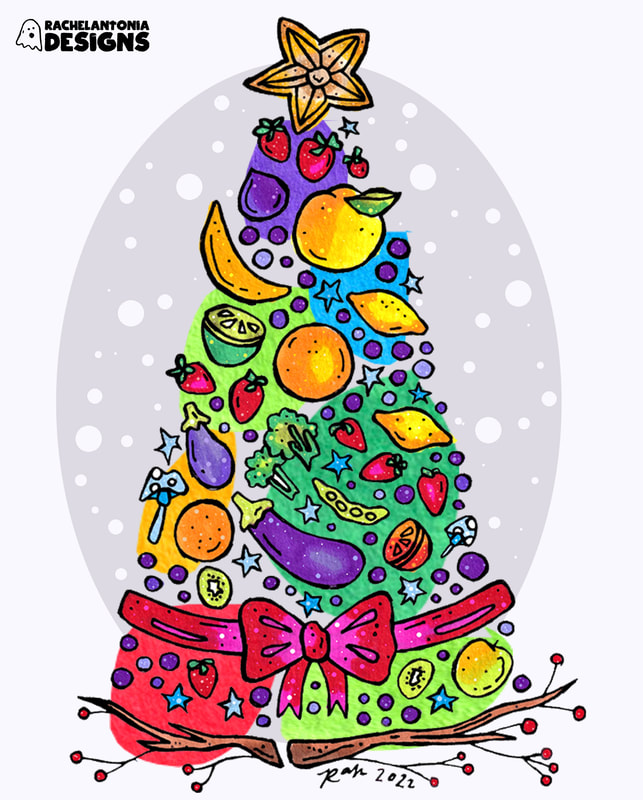 Illustration of a Christmas tree made of fruits and vegetables tied with a pink and red ribbon