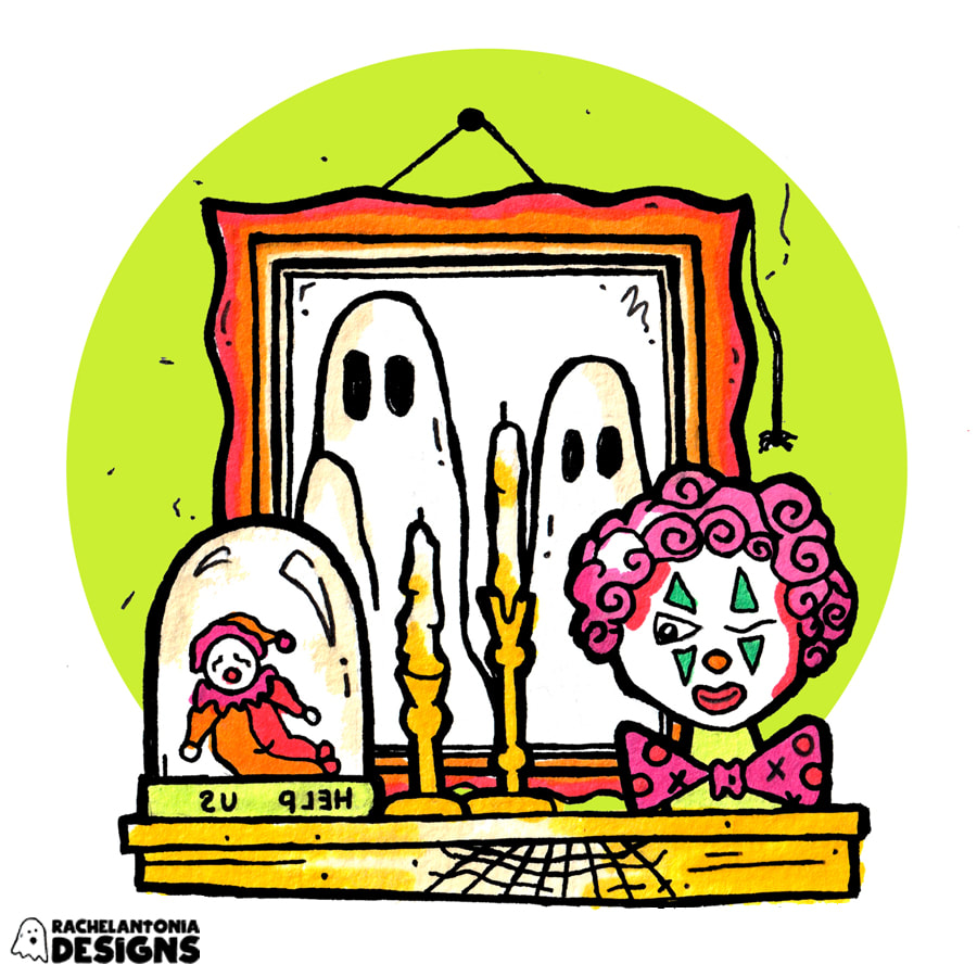 illustrated ghosts in the mirror behind a shelf with a clown head and candles on it in fun colors