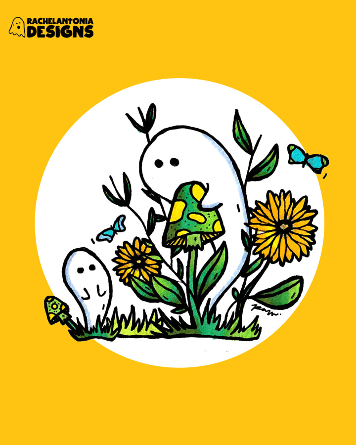 illustration of ghosts and flowers