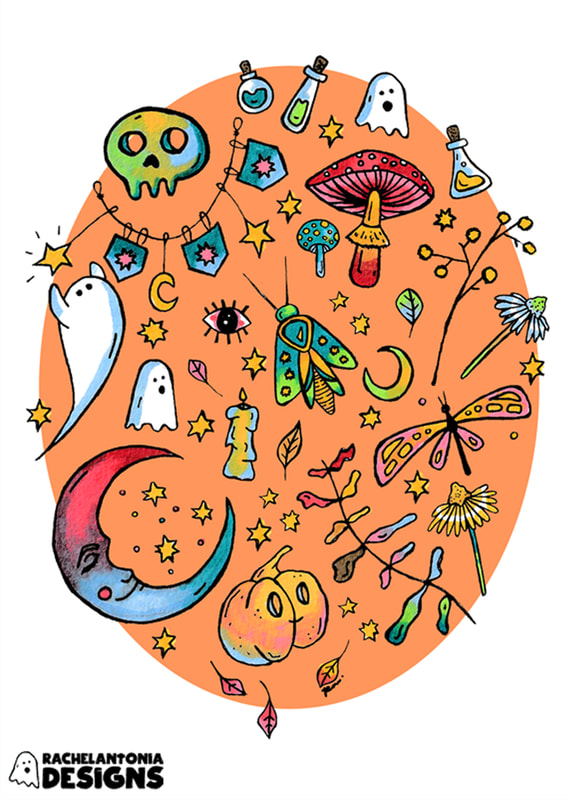 Illustration of ghosts, eyes, moths, daisies, mushrooms, and crescent moons surrounded by stars on a peach background