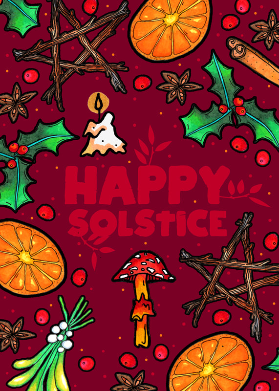 illustration of orange slices, holly, and cinnamon with the words happy solstice written on it