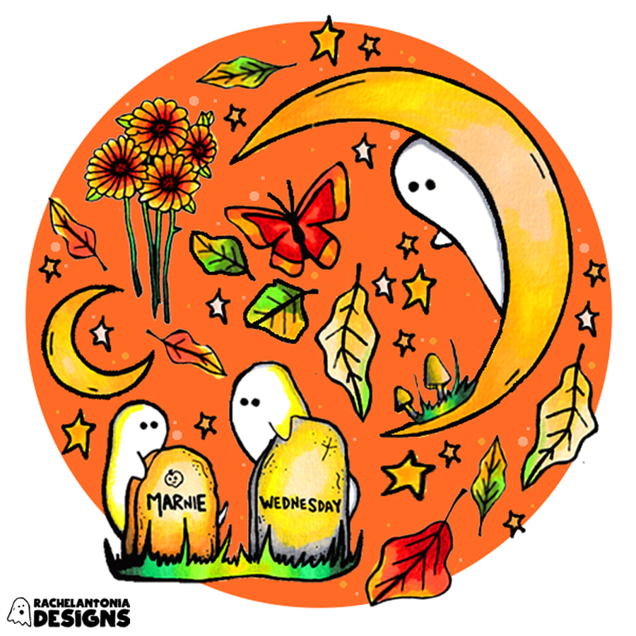 Illustration of a ghost in th moon touching a butterfly, two ghosts hiding behind headstones, moons, flowers, and leaves falling on an orange background