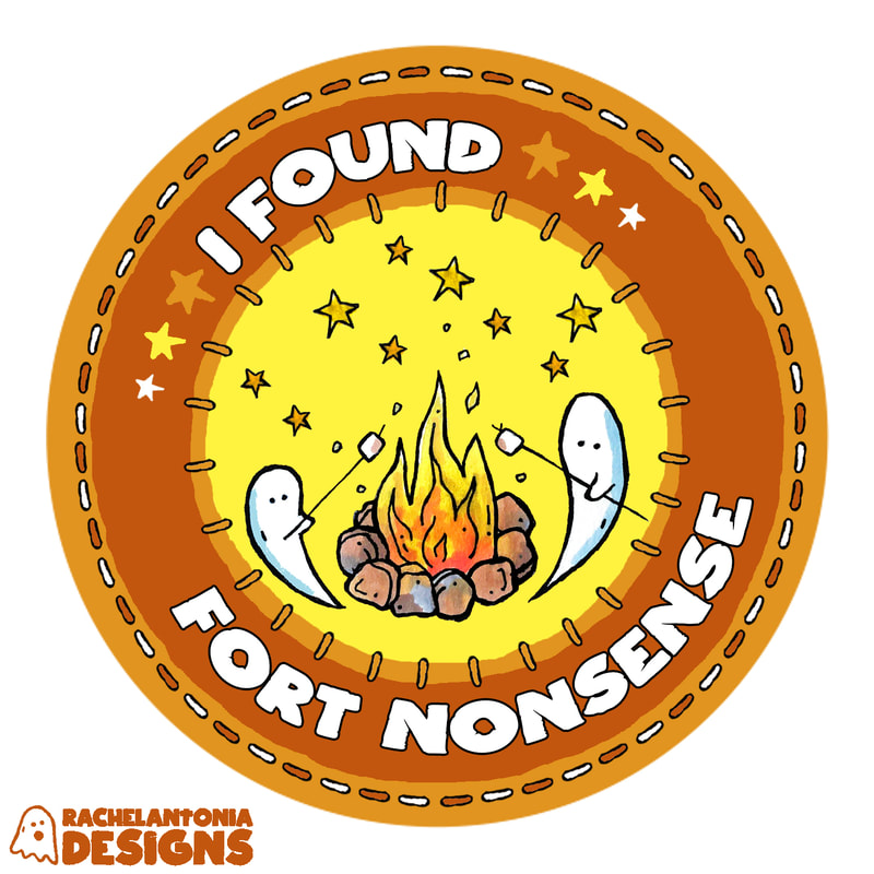 Design that looks like a girl scout patch with the words I found Fort Nonsense and two ghosts roasting marshmallows over a fire