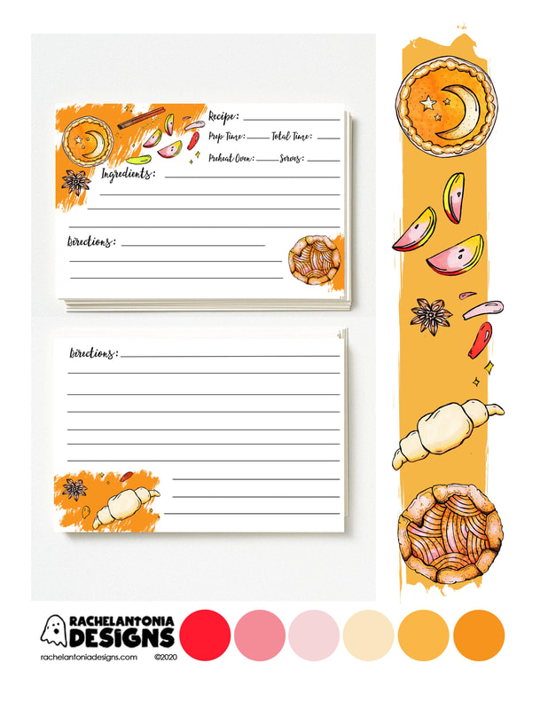 Photo of the front and back of recipe cards designed with pies, croissants, and various smears of frosting