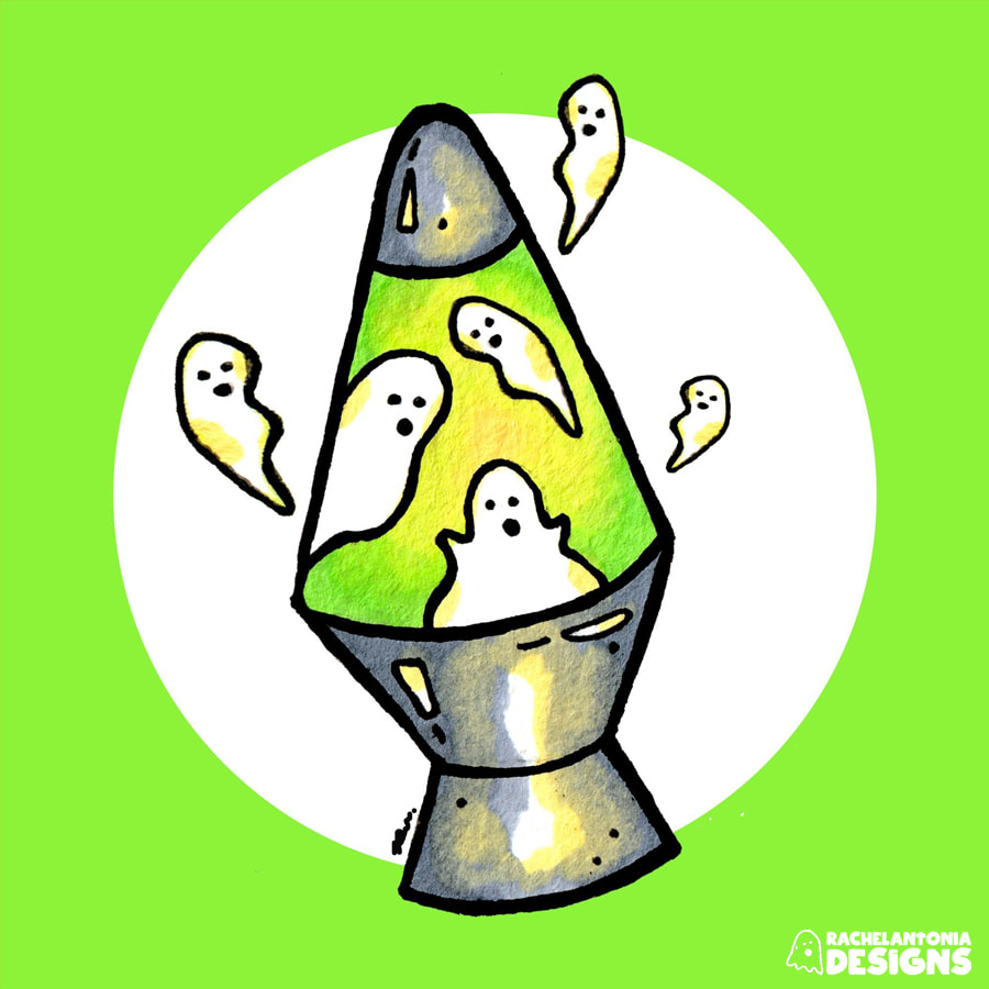 Illustration of a green lava lamp with ghosts inside and floating on the outside