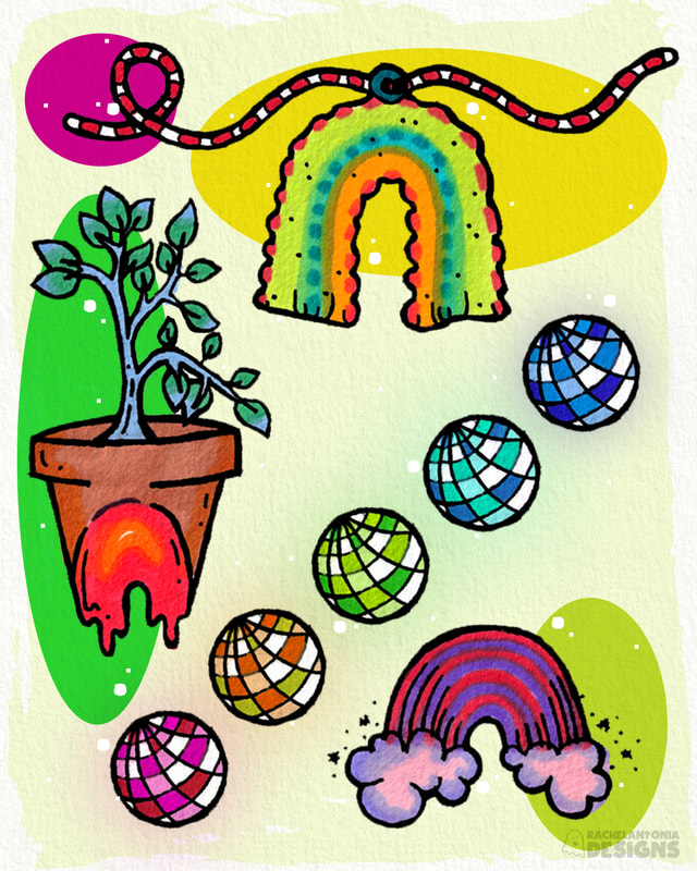 Illustration of rainbows in different ways like a plant and disco balls