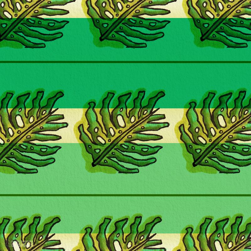 pattern with stripes and green monstera leaves