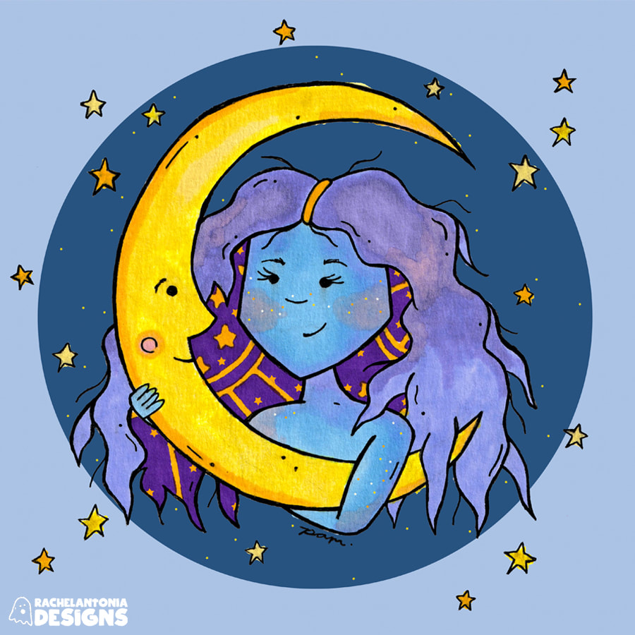 Illustration of a woman with blue skin and long lilac hair holding a crescent moon. Both the woman and moon and smiling at each other