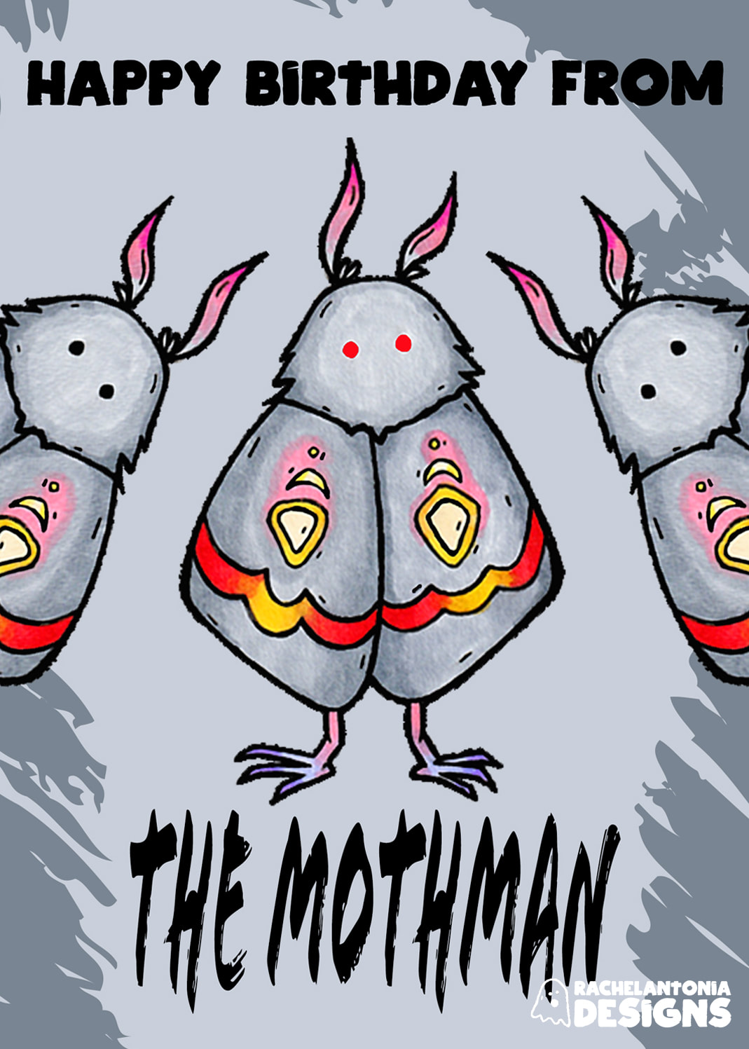 The Mothman surrounded by other mothmen on a grey background