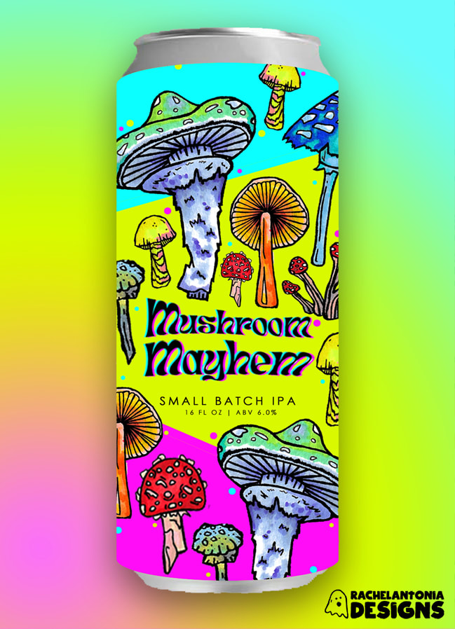 Mushroom Mayhem Small Batch IPA Can Design Mockup with mushrooms and neon