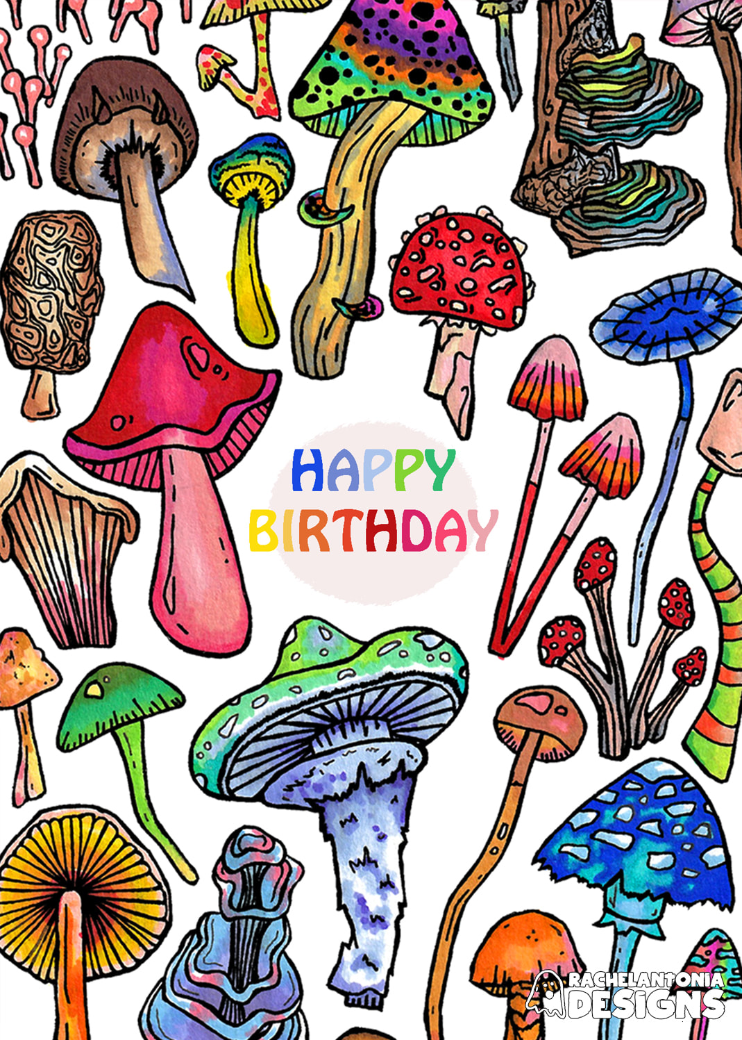 Image of a card that says happy birthday in rainbow font with different types of mushrooms surrounding it