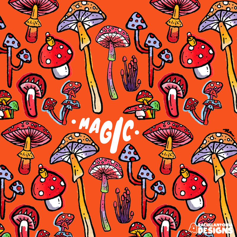 various mushrooms in a pattern on an orange background with the word magic in the middle in white