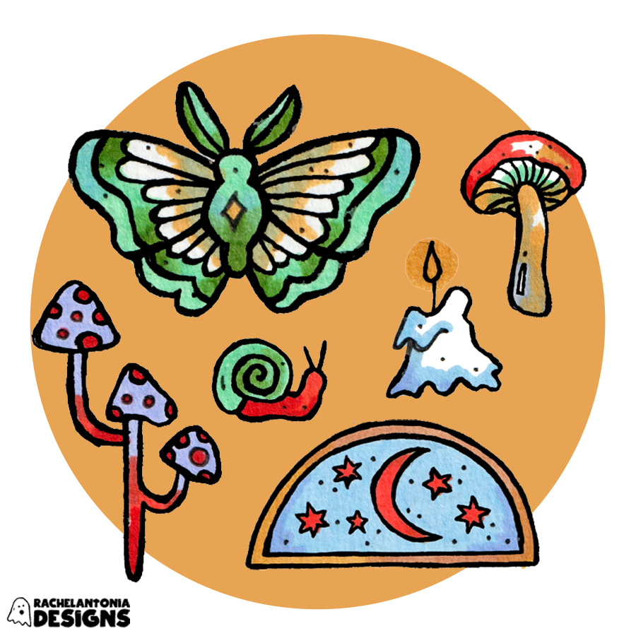 Illustration of individual icons including a green moth, a red snail, and a melting candle