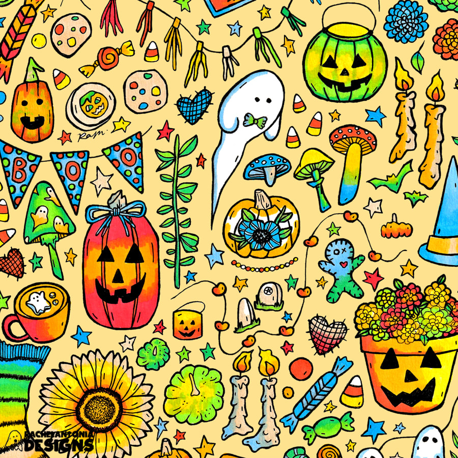different spooky halloween graphics illustrated by Rachel including ghosts, pumpkins, sunflowers, plants, and mushrooms