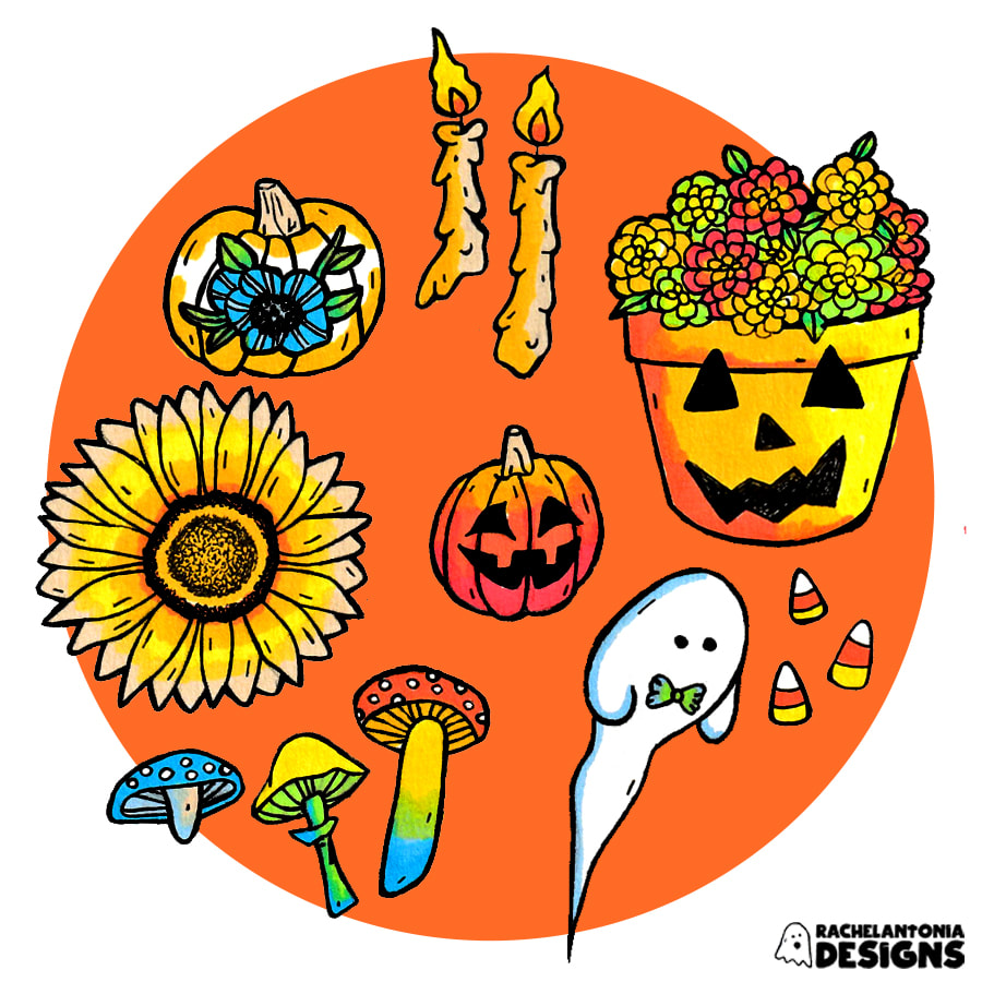 Illustration of individual icons including a happy jack o lantern, a ghost with a bow tie, and candy corn