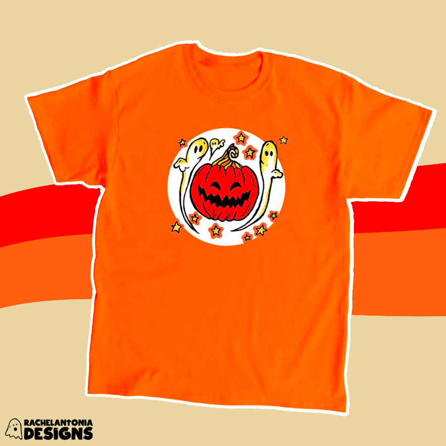 Photo of an orange t-shirt with a jack o lantern and vintage ghosts on it