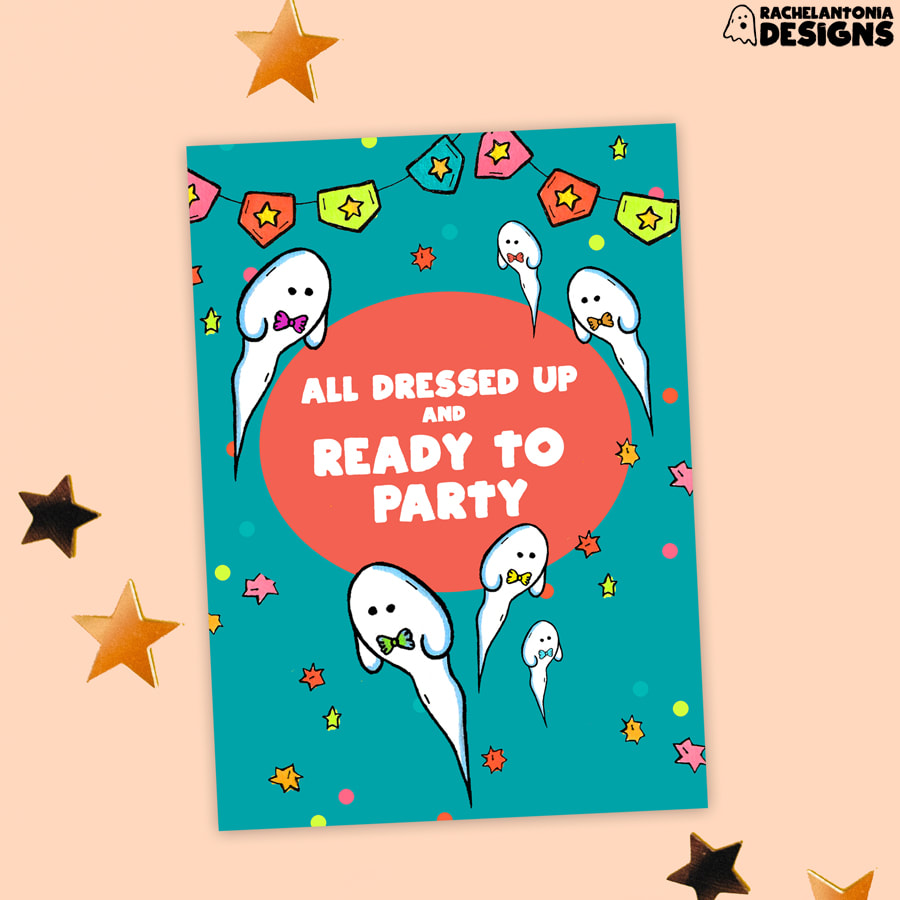 Image of teal card covered in stars and ghosts with little bowties that reads ready to party