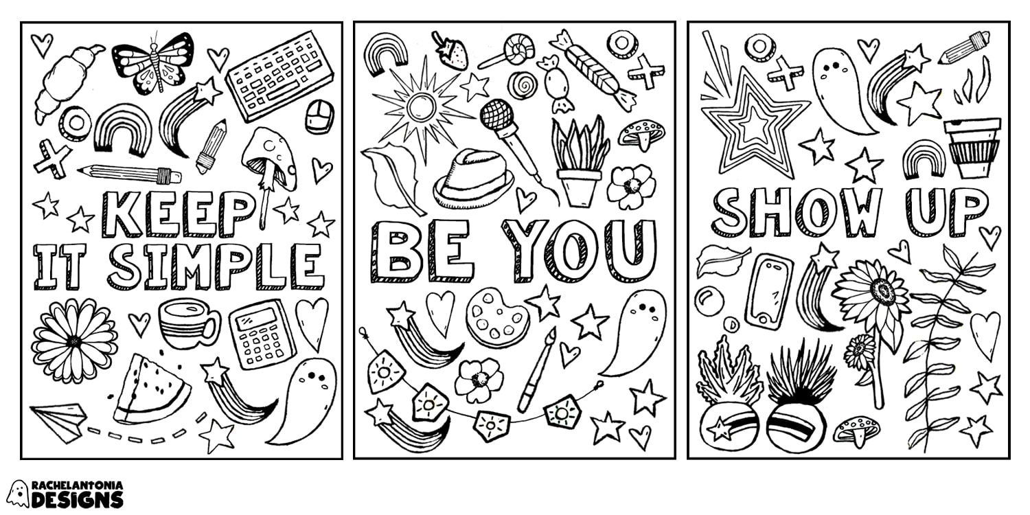 Photo of 3 coloring sheet panels featuring inspirational quotes and different hand drawn images