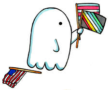 illustration of a ghost holding up the disability pride and trans pride flag with the american flag fallen at the side