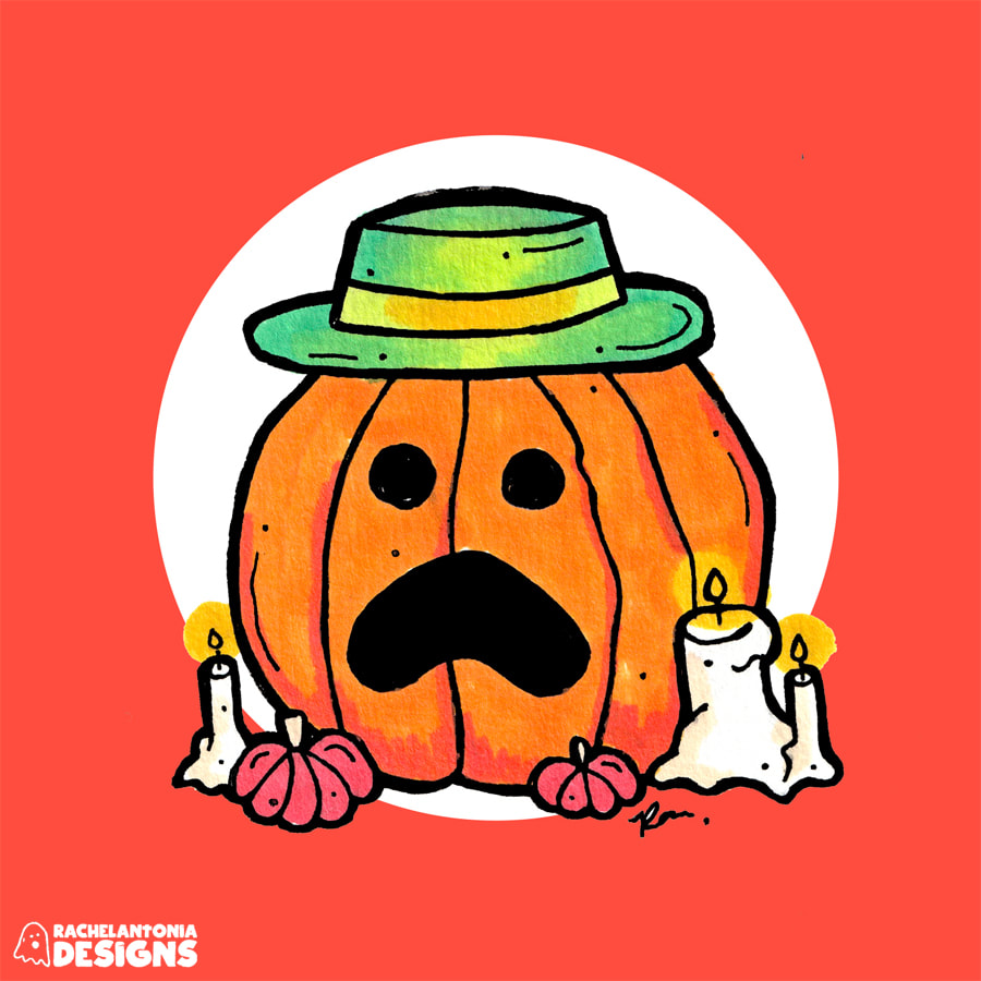 Illustratio of a frowning jack o lantern with a green hat surrounded by mini pumpkins and candles