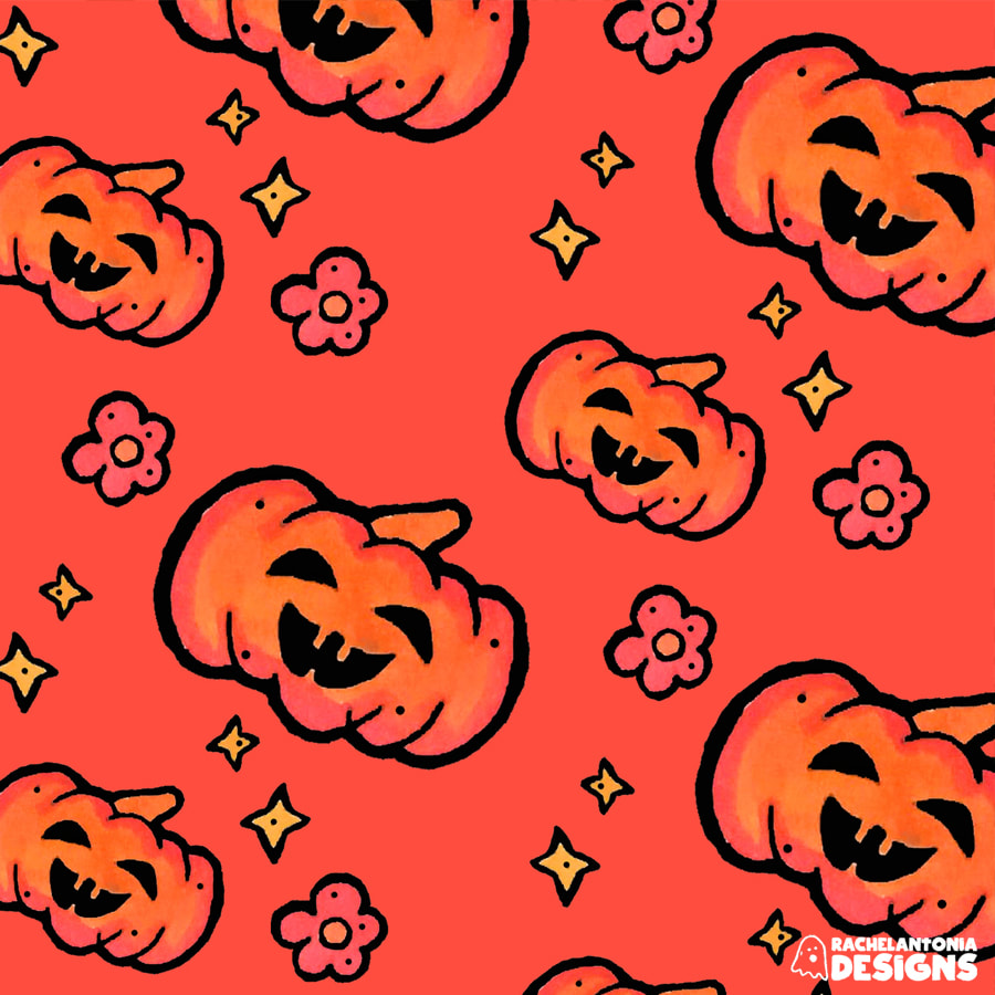 illustration of smiling jack o lanterns in a repeating pattern with flowers and stars