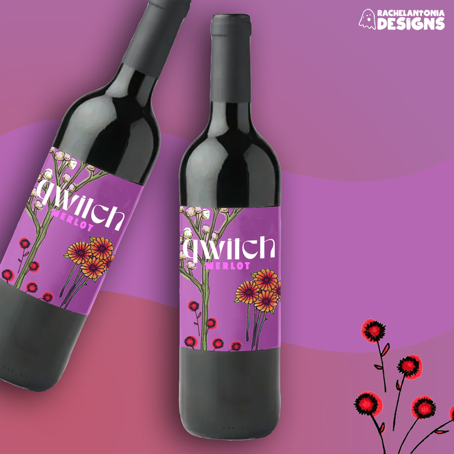 Photo of Rachel's wine brand mockup with a purple label with various flowers on it
