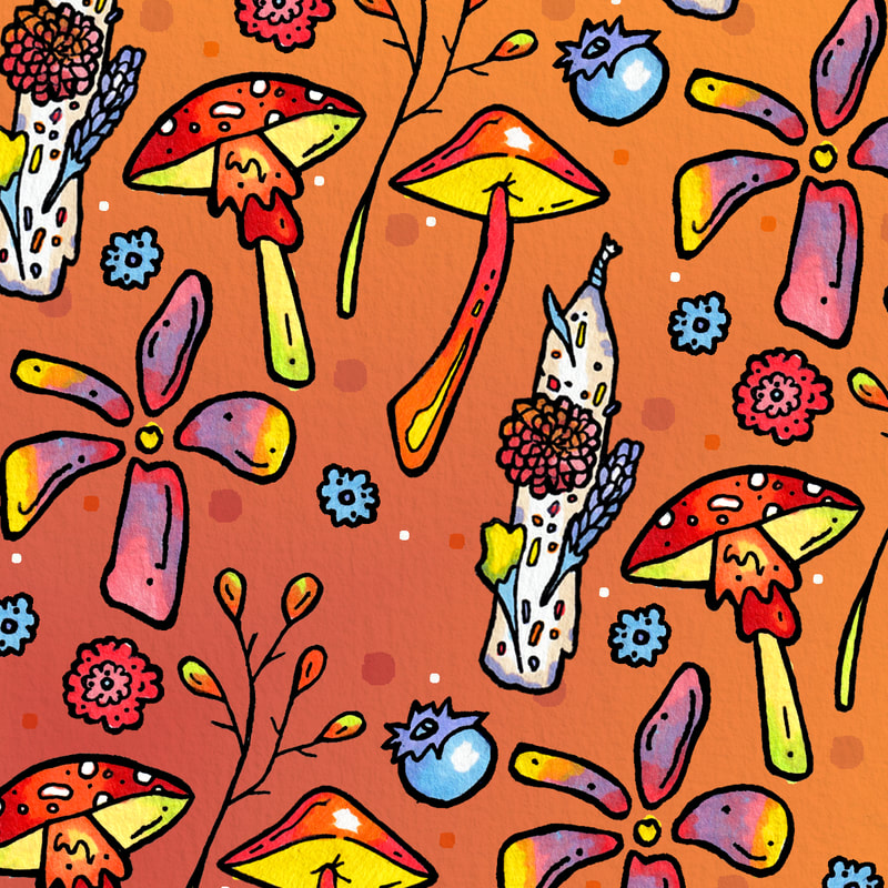 illustration of mushrooms, flowers and candles pattern 