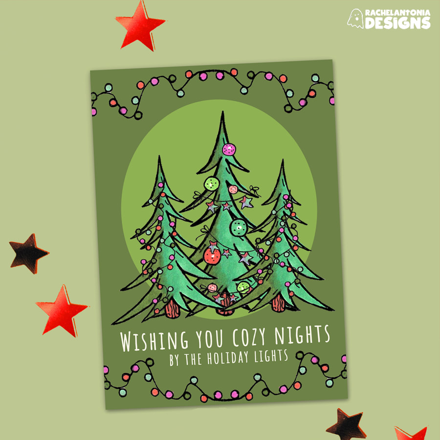 Christmas Card featuring three trees with ornaments on them and the words wishing you cozy nights by the holiday lights