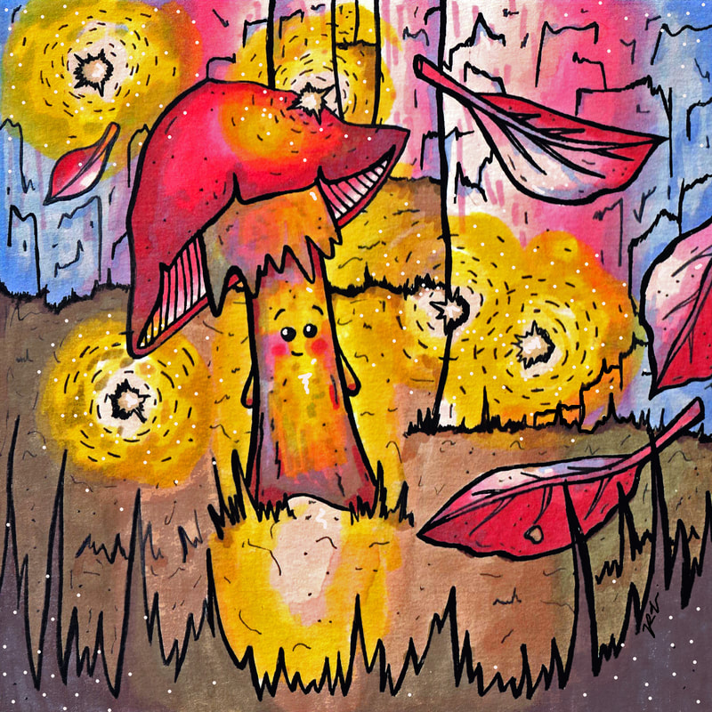 Illustration of a happy mushroom creature looking at gold lighting bugs and falling red and purple leaves in the forest