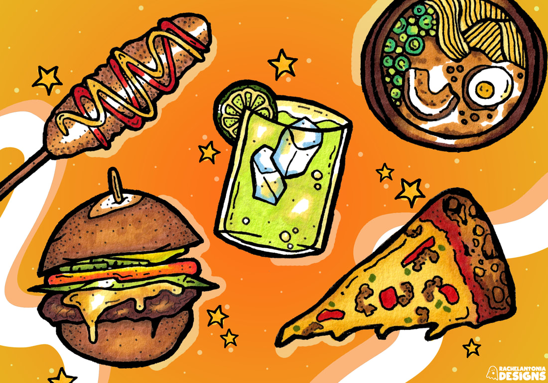 illustration of korean corn dogs, pizza, drinks and other food